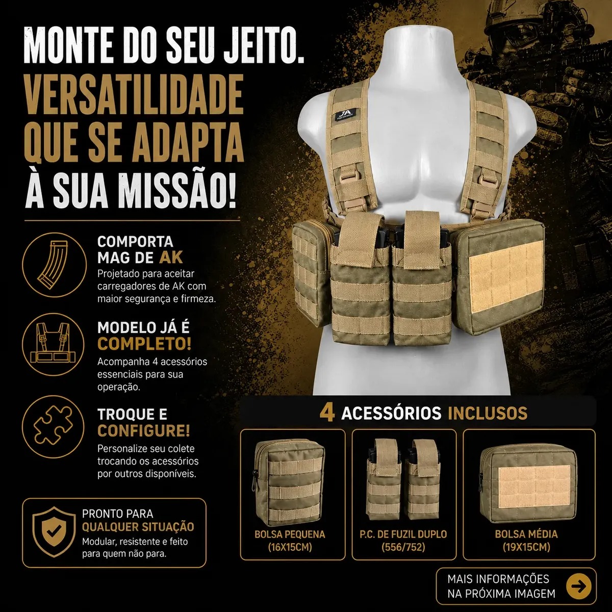 Chest Rig colete tático modular com 4 bolsos - miniatura 3